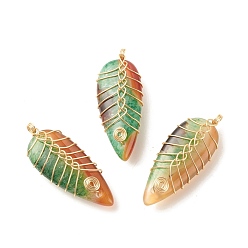 Brazilian Agate Natural Brazilian Agate Pendants, with Golden Tone Eco-Friendly Copper Wire Wrapped, Dyed & Heated, Teardrop, Green, 43~44x17.5x10.5mm, Hole: 3~3.5mm