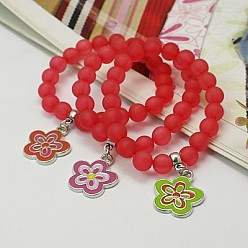 Mixed Color Charm Bracelets, Fashion Frosted Transparent Acrylic Bracelets for Kids, with Enameled Alloy Charms and Elastic Thread, Mixed Color, 45mm