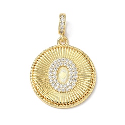 Letter O Латунные микропаве прозрачные подвески с фианитом, плоский круглый с подвесками в виде букв, без свинца и без кадмия, долговечный, стойки покрытие, реальный 18 k позолоченный, Письмо O, 24.5x21.5x2.5 мм, отверстие : 4.5x3.5 мм