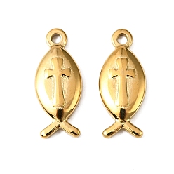 Настоящее золото 18K 304 подвески из нержавеющей стали, ионное покрытие (ip), рыба-иисус с крестом, реальный 18 k позолоченный, 18x7.5x2.5 мм, отверстие : 1.6 мм