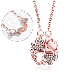 Rose Gold 2 in 1 Four Crystal Rhinestone Clover Pendant Necklace, Alloy Magnetic Heart Necklace for Women, Rose Gold, 17.72 inch(45cm)