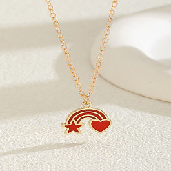 FireBrick Alloy Enamel Star Heart Rainbow Pendant Cable Chain Necklaces for Women, Golden, FireBrick, 15.75 inch(40cm)