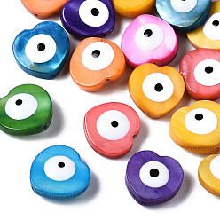 Mixed Color Natural Freshwater Shell Beads, with Enamel, Double-Faced, Heart with Evil Eye, Dyed, Mixed Color, 13x13~14x4~6mm, Hole: 0.8mm