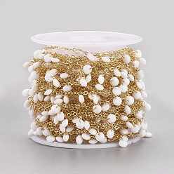 White Handmade Glass Beaded Chains, Soldered, with Spool, Brass Chain, Long-Lasting Plated, Golden, White, 4x2mm, about 32.8 Feet(10m)/roll