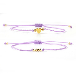 Лиловый 2шт. 2 стили богемные латунные бусины плетеные браслеты из бусин, Браслеты из нейлоновой нити плетеные для женщин, круглый и сердце, золотые, сирень, 11.02 дюйм (28 см)