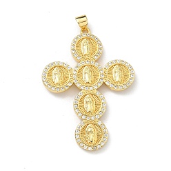 Настоящее золото 18K Латунные микро проложить кубического циркония подвески, крест с амулетами девы марии, долговечный, стойки покрытие, без свинца и без кадмия, реальный 18 k позолоченный, 46x33x3.5 мм, отверстие : 4.5x3.5 мм