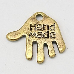 Antique Golden Tibetan Style Alloy Charms, Cadmium Free & Lead Free, Hand Palm with Word Hand Made, Antique Golden, 12.5x13x1mm, Hole: 1mm