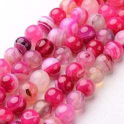 Deep Pink Natural Striped Agate/Banded Agate Beads Strands, Round, Dyed & Heated, Deep Pink, 10mm, Hole: 1mm, about 38pcs/strand, 15 inch