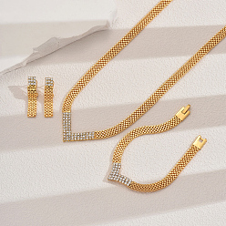 Золотой Элегантный комплект из железных браслетов, серег и ожерелий в форме буквы V со стразами для женщин, золотые