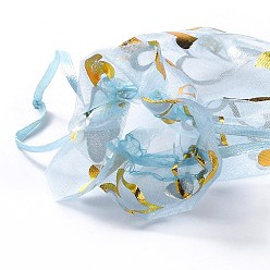 Light Sky Blue Organza Drawstring Jewelry Pouches, Wedding Party Gift Bags, Rectangle with Gold Stamping Heart Pattern, Light Sky Blue, 15x10x0.11cm
