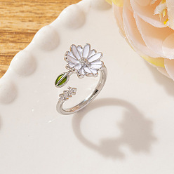 Белый Латунные кольца-манжеты для женщин, с эмалью и горный хрусталь, цветок, платина, белые, внутренний диаметр: 15~20 мм