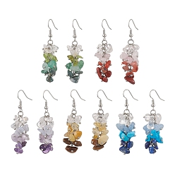 Смешанные камни Серьги с подвесками из латуни с натуральным смешанным камнем, платина, разноцветные, 52x17 мм