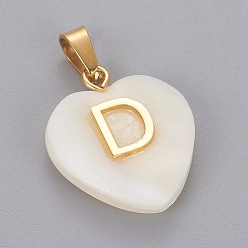 Letter D Shell Anhänger, mit 304 Edelstahl Zubehör, Herz mit Brief, golden, letter.d, 23.5x20x7 mm, Bohrung: 3.5x7 mm