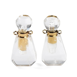 Cristal de Quartz Pendentifs de bouteille de parfum en cristal de quartz naturel, avec les accessoires en acier inoxydable de ton d'or, breloque diffuseur d'huiles essentielles, pour la fabrication de bijoux, 33~34.5x16.5x10.5~11.5mm, Trou: 2mm
