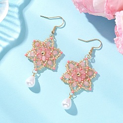 Pink Серьги-подвески в форме цветка из натурального малазийского нефрита и стеклянного бисера, украшенные крашеными цветами., с фурнитурой для сережек из нержавеющей стали, золотые, розовые, 65~65.5x26 мм