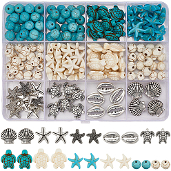 (52) Непрозрачная лаванда Океанская тема 100 шт. синтетический хаулит и синтетическая бирюза и 30 шт. комплекты фурнитуры из сплава бусин в тибетском стиле, разноцветные, 10x15x4.5 мм, отверстие : 1.6 мм