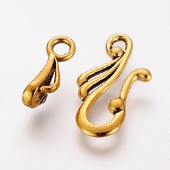 Antique Golden Tibetan Style Hook and Eye Clasps, Antique Golden, Lead Free, Cadmium Free and Nickel Free, Size: Toggle: 12mm wide, 25mm long, Bar: 16mm long, hole: 3mm
