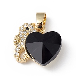 Black Real 18K Gold Plated Rack Plating Brass Micro Pave Cubic Zirconia Pendants, with Glass, Long-Lasting Plated, Cadmium Free & Lead Free, Sea Horse with Heart, Black, 16.5x15.5x8mm, Hole: 5x3mm