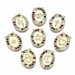 Mixed Color Brass Micro Pave Cubic Zirconia  2-Loop Link Pendants, Nickel Free, Oval with Evil Eye & Lightning & Heart & Moon & Cross & Star, Real 16K Gold Plated, Mixed Color, 24x19x3.5mm, Hole: 1.2mm