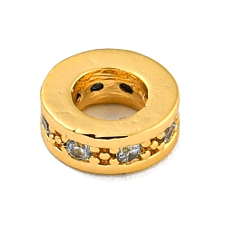 Настоящее золото 18K Латунь микропаве прозрачный кубический цирконий европейский бисер, без кадмия, без никеля и без свинца, плоско-круглые, реальный 18 k позолоченный, 7x2.5 мм, отверстие : 4 мм