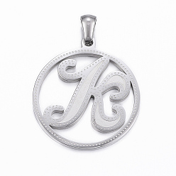 Edelstahl Farbe Anlaufgeschützt 304 Anhänger aus Edelstahl, flach rund mit letter.k, Edelstahl Farbe, 28x25x1.2 mm, Bohrung: 6x3 mm