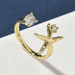 Настоящее золото 18K Манжеты из латуни с микро паве кубический цирконий для женщин, морская звезда, долговечный, стойки покрытие, без свинца и без кадмия, реальный 18 k позолоченный, 16 мм, размер США 9 3/4 (19.5 мм)