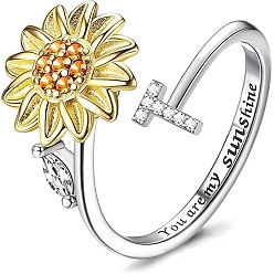 Letter T Регулируемые вращающиеся манжеты из латуни со стразами, письмо и подсолнух, Словом ты мое солнышко, Кольцо-спиннер для успокоения беспокойства, медитации, платина и светлое золото, Письмо T, внутренний диаметр: 15~20 мм