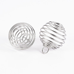 Platinum Iron Wire Pendants, Spiral Bead Cage Pendants, Round, Platinum, 25~26x20mm, Hole: 5~6mm