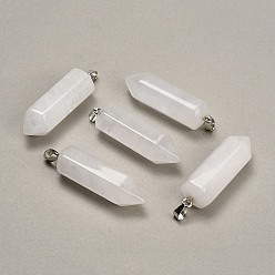 Quartz Crystal Natural Quartz Crystal Pendants, Hexagon Charms, with 304 Stainless Steel Snap on Bails, Stainless Steel Color, 49~51x13~14x15~16mm, Hole: 7.5x4mm