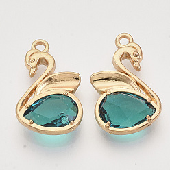 Light Gold Eco-Friendly Alloy Pendants, with Faceted Glass, Nickel Free, Swan, Dark Cyan, Light Gold, 20x12.5x4mm, Hole: 1.5mm