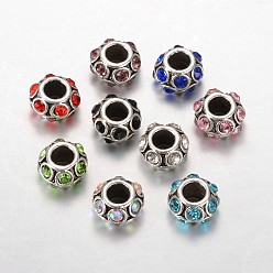 Mixed Color Rondelle Tibetan Style Alloy Rhinestone European Large Hole Beads, Mixed Color, 11x7mm, Hole: 4.5mm