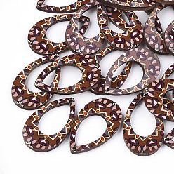 Sienna Printed Basswood Pendants, Teardrop, Back Random Color, Sienna, 34.5x20.5x3mm, Hole: 1.6mm