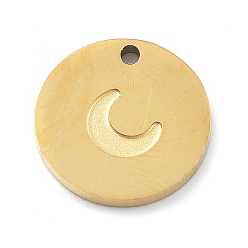 Настоящее золото 18K 304 прелести нержавеющей стали, плоская круглая с лунным шармом, реальный 18 k позолоченный, 12x1.3 мм, отверстие : 1.2 мм