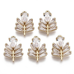 Clear Brass Micro Pave Cubic Zirconia Pendants, Leaf with Teardrop, Long-Lasting Plated, Light Gold, Clear, 15.5x11x3.5mm, Hole: 1mm