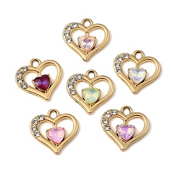 Golden UV Plating Alloy Glass Pendants, Heart Charm, with Rhinestone, Faceted, Mixed Color, Golden, 18.5x18.5x3.7mm, Hole: 2.4mm