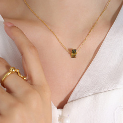 Цвет Оливы Прямоугольный стеклянный кулон 304 цепочка из нержавеющей стали для женщин, золотые, оливковый, 15.75 дюйм (40 см)