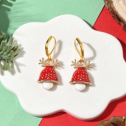 Красный Серьги с рождественским колокольчиком из латуни, с подвесками из эмали и сплава , золотые, красные, 35x14.5 мм