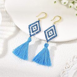 Blue Glass Seed Beads & Brass Dangle Earrings for Women, Rhombus, Polycotton Tassel Earrings, Golden, Blue, 78x18.5mm
