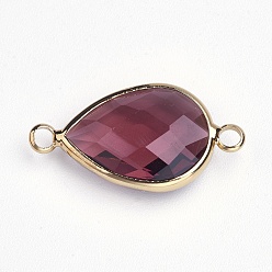 Темно-Красный Соединители звеньев латуни стеклянные, граненые, слеза, золотой свет, темно-красный, 14x25.5x5 мм, отверстие : 2 мм