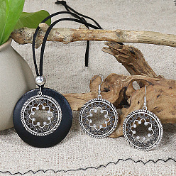 Платина Комплекты ожерелий и серег с подвесками из сплава и дерева в этническом стиле, плоские круглые с цветком, платина, 55x39 мм