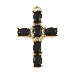 Черный 304 из нержавеющей стали горный хрусталь подвески, крест прелести, со стеклом, ионное покрытие (ip), реальный 18 k позолоченный, чёрные, 30x19x4.5 мм, отверстие : 2 мм