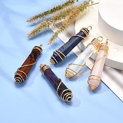 Mixed Stone Natural & Synthetic Gemstone Pendants, with Real 18K Gold Plated Eco-Friendly Copper Wire, Bullet, 55~57x12~13x12~13mm, Hole: 4mm