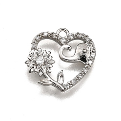 Платина Латунные микропаве прозрачные подвески с фианитом, сердце с рисунком цветка и слона, платина, 14x15x3 мм, отверстие : 1.4 мм