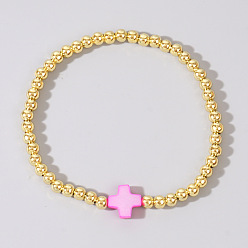 Бледно-Розовый Латунные круглые бусины эластичные браслеты, Окрашенные натуральные ракушки, крестики-украшения для женщин, золотые, розовый жемчуг, 6.89 дюйм (17.5 см)