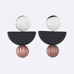 Black Rubberized Style Acrylic Dangle Earrings, with 304 Stainless Steel Stud Earring Findings and Ear Nuts, Pumpkin & Half Round, Black, 58mm, Pin: 0.8mm