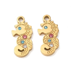 Sea Horse 304 Stainless Steel Rhinestone Pendants, Ion Plating(IP), Golden, Sea Horse Charms, 15.5x7.5x1.5mm, Hole: 1.6mm