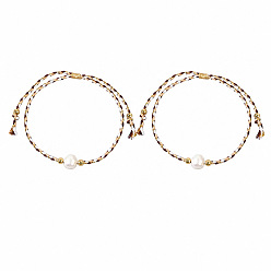 Goldenrod Summer Natural Freshwater Pearl Round Beads Braided Cotton Cord Bracelet Sets for Women, Boho Adjustable Stackable Bracelets, Golden, Goldenrod, 11.02 inch(28cm), 2pcs/set