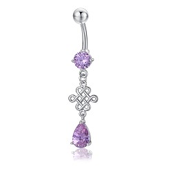 Lila Piercing-Schmuck, umweltfreundlicher kubischer Zirkiona-Nabelring aus Messing, Bauchringe, mit 304 Edelstahlleiste, chinesisch kont, lila, 47 mm, Anhänger: 25.5x10 mm, Stange: 14 Spurweite(1.6mm), Stangenlänge: 3/8"(10mm)