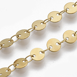 Золотой 304 цепи из нержавеющей стали ссылка, плоские цепочки с пайетками, пайки, золотые, плоско-круглые: 5x0.3 mm, ссылка: 3.6x2.3x0.3 mm, около 39.37 дюйм (1 м) / прядь