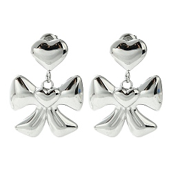 Stainless Steel Color Tarnish Resistant 304 Stainless Steel Dangle Stud Earrings, Bowknot with Heart, Stainless Steel Color, 32x24mm